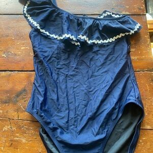 J. Crew Navy and White One-Shoulder Ruffle Swimsuit